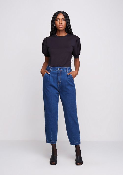 Calça Jeans Wide Leg Cropped Cintura Alta - Azul