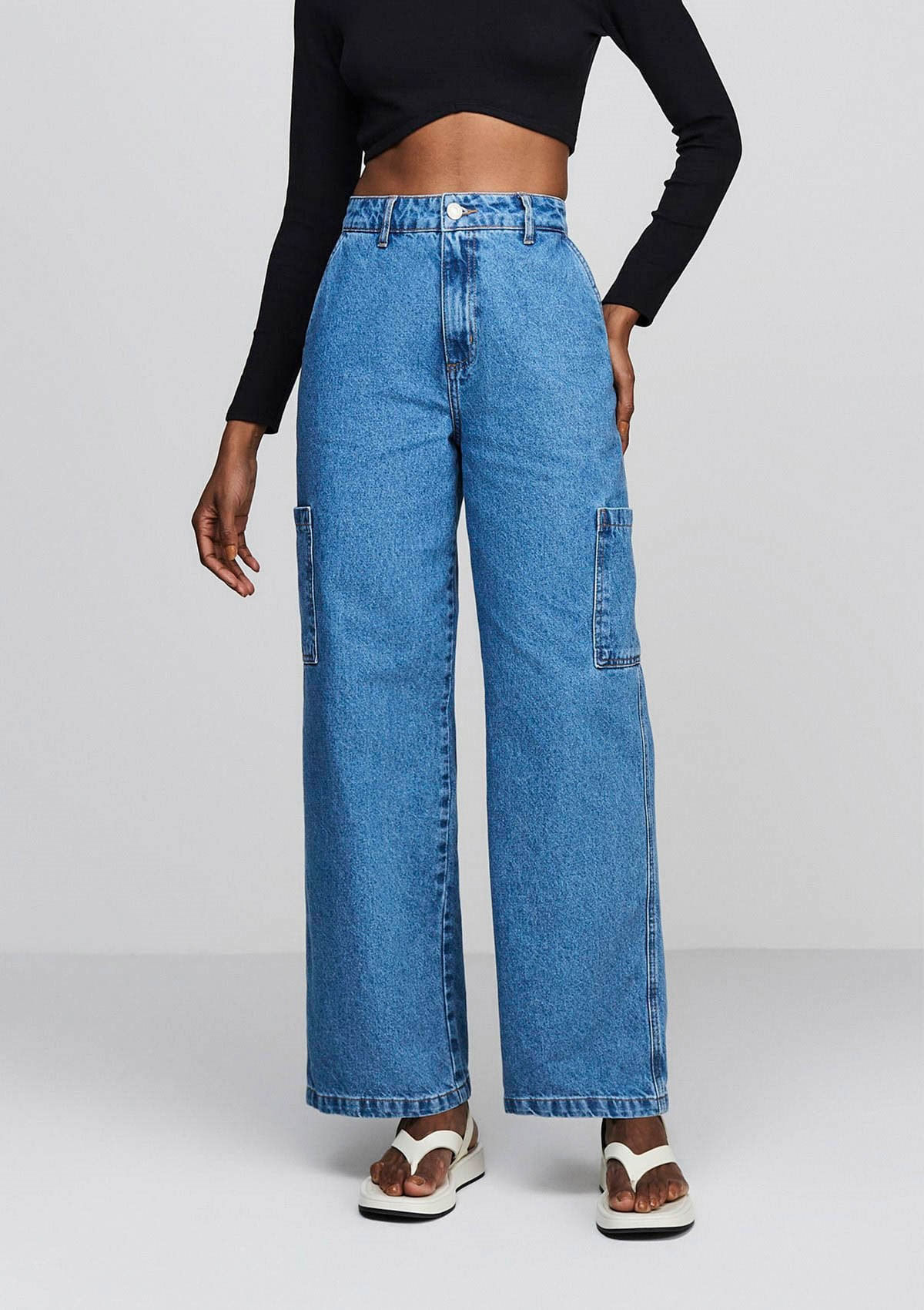 Calça wide leg cargo jeans feminino - 013.57.0002