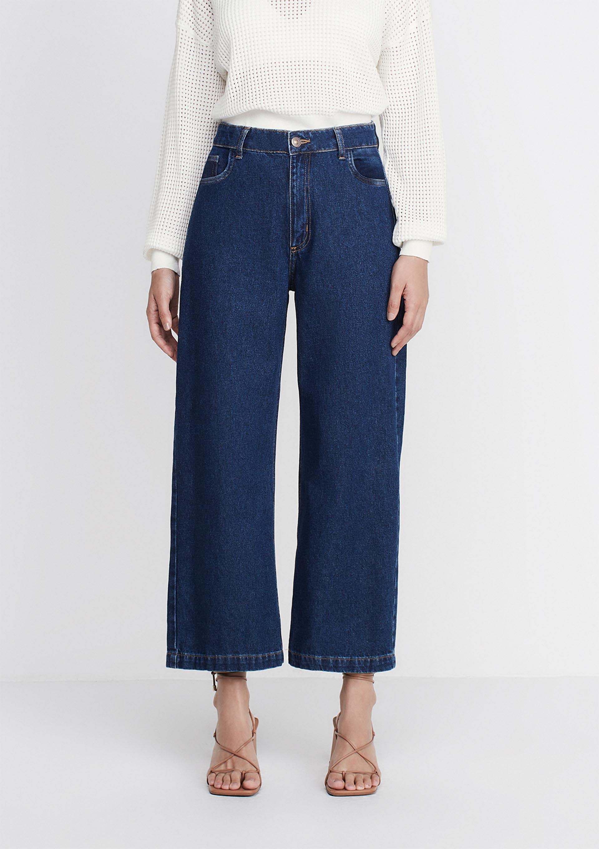 Calça Jeans Wide Leg Cropped Cintura Alta - Azul