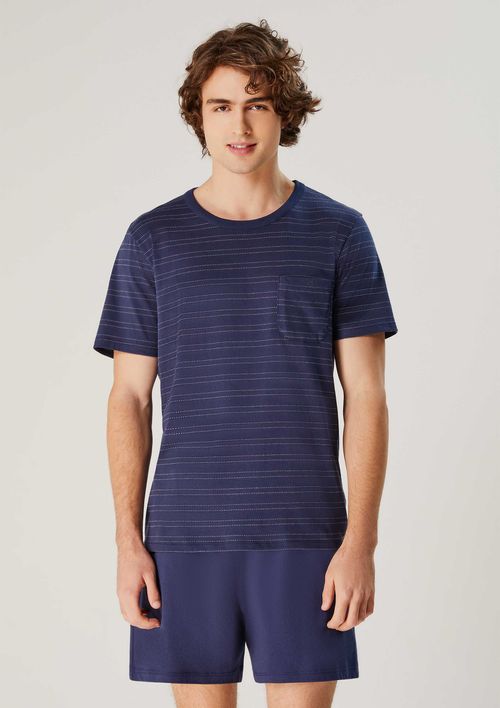 Pijama Curto Masculino Fio Tinto Listrado - Azul