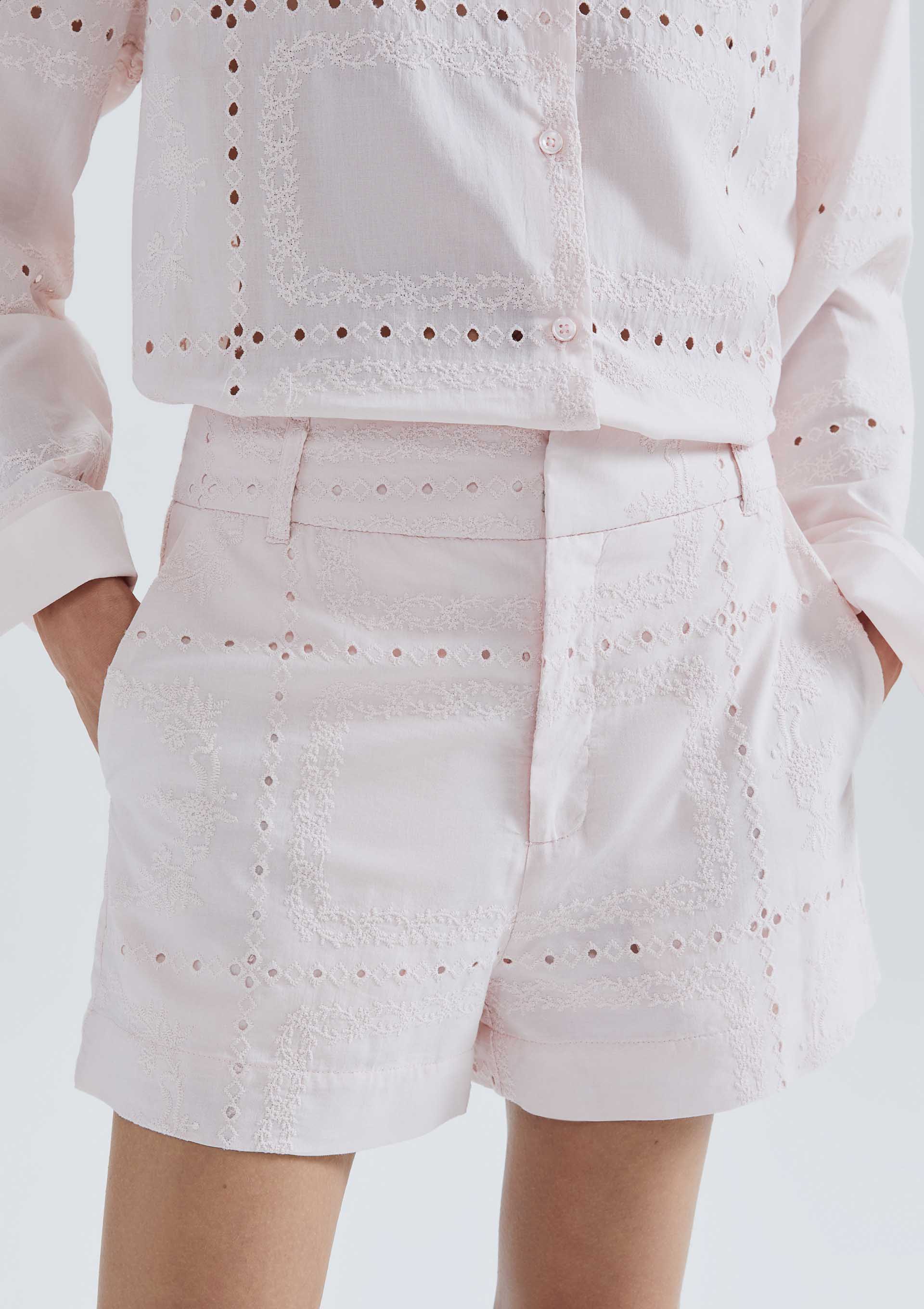 Shorts Feminino Cintura Alta Em Laise - Rosa Shorts Feminino Cintura Alta Em Laise - Rosa