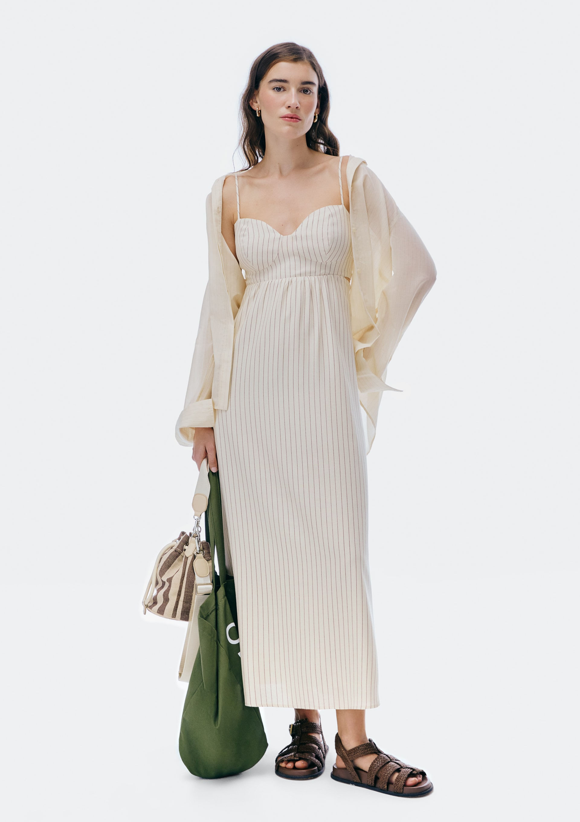 Vestido Midi Fio Tinto Com Linho - Creme
