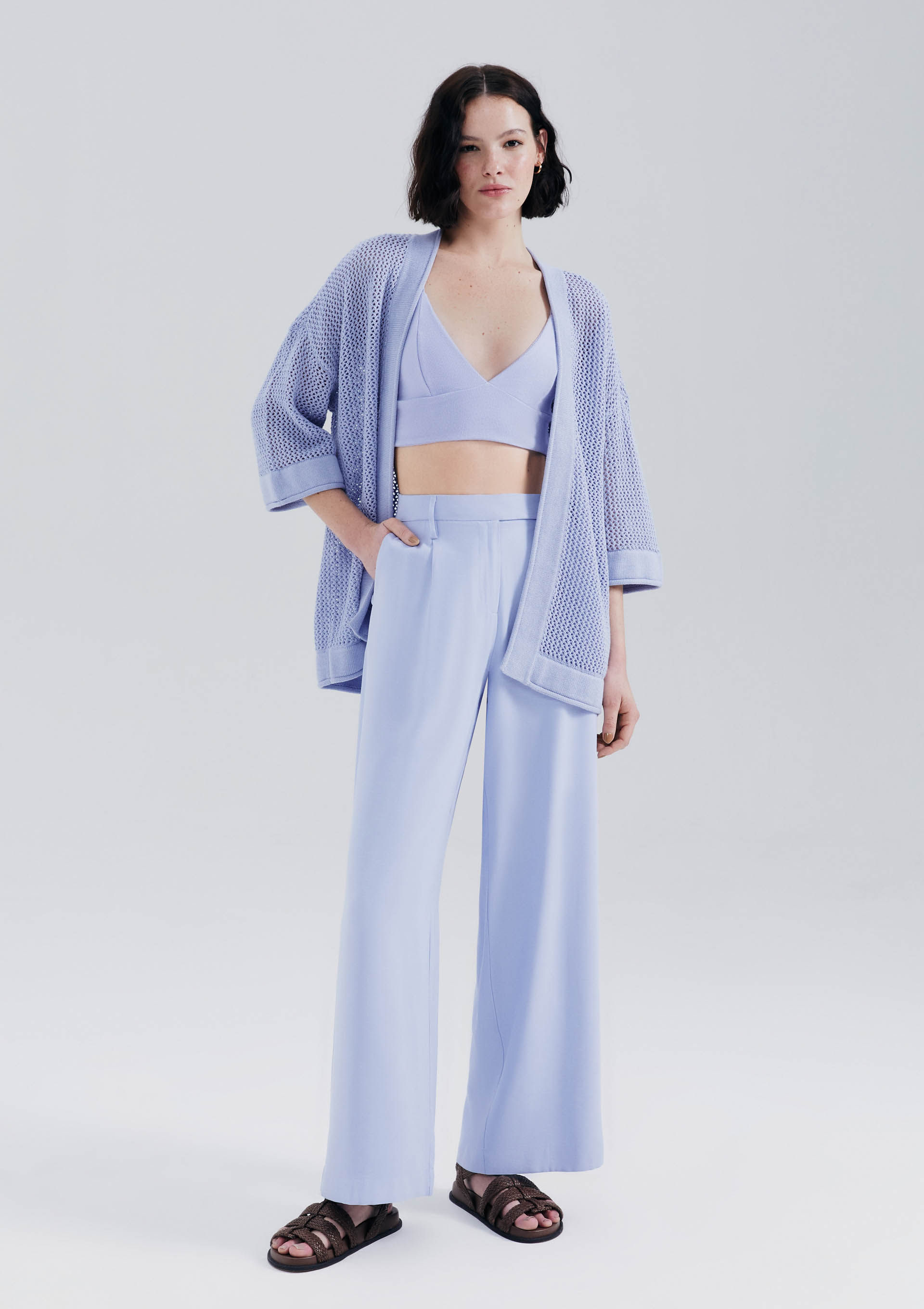 Kimono Feminino Manga 7/8 Em Tricô Texturizado - Lilás